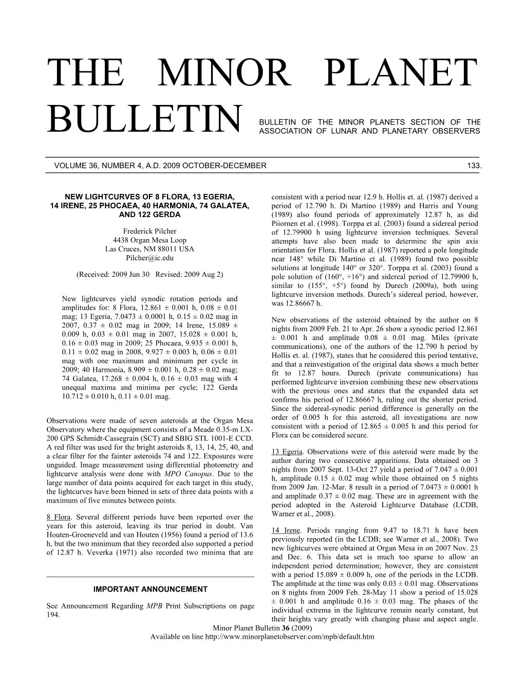 The Minor Planet Bulletin (Warner Et Al., 2009A)