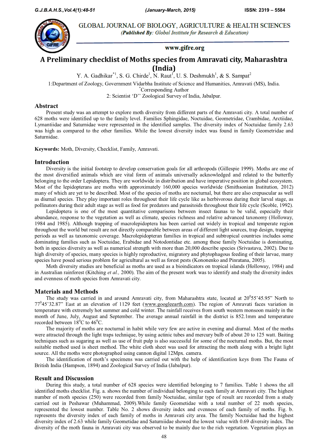 A Preliminary Checklist of Moths Species from Amravati City, Maharashtra (India) Y