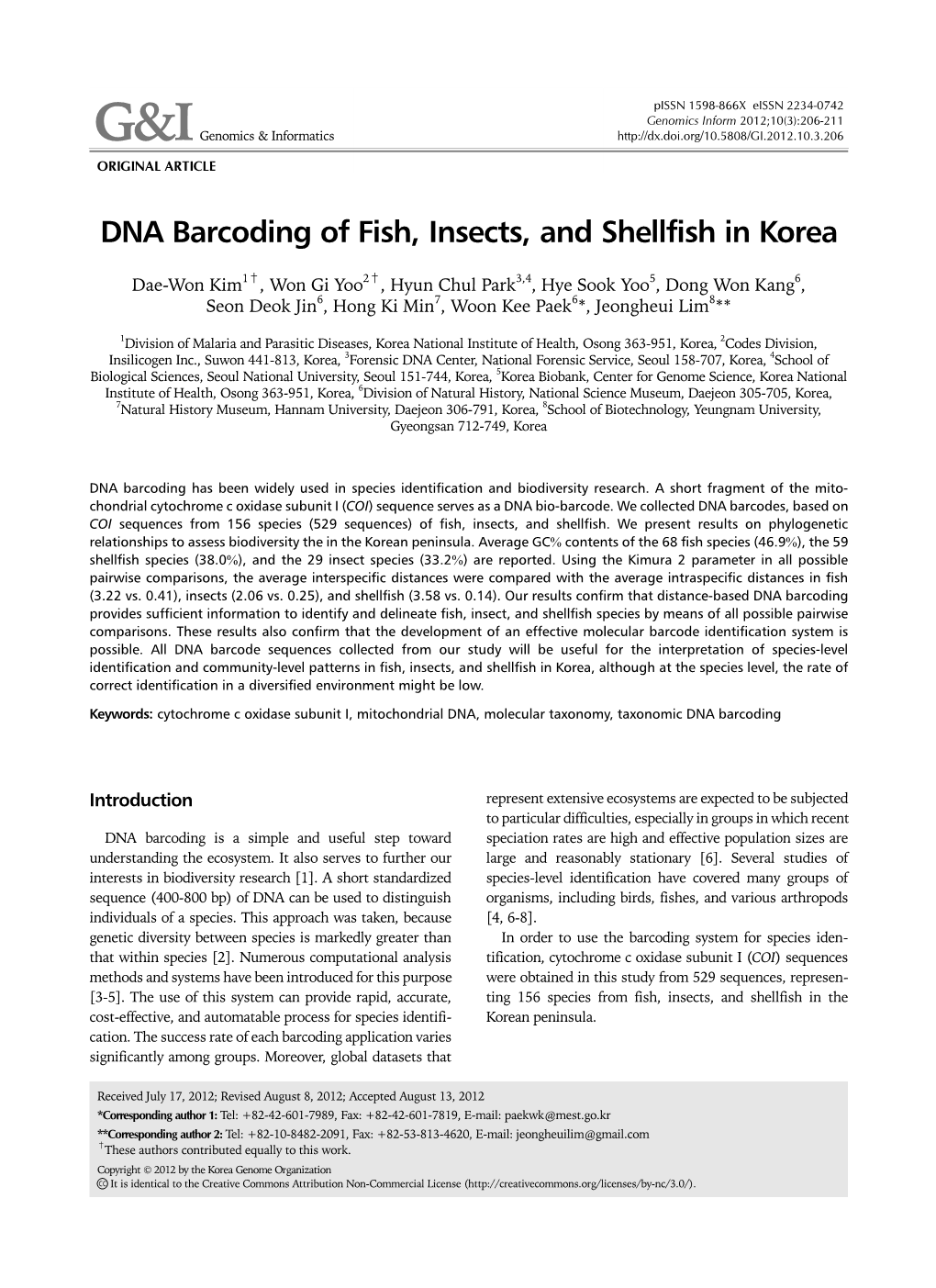 DNA Barcoding of Fish, Insects, and Shellfish in Korea