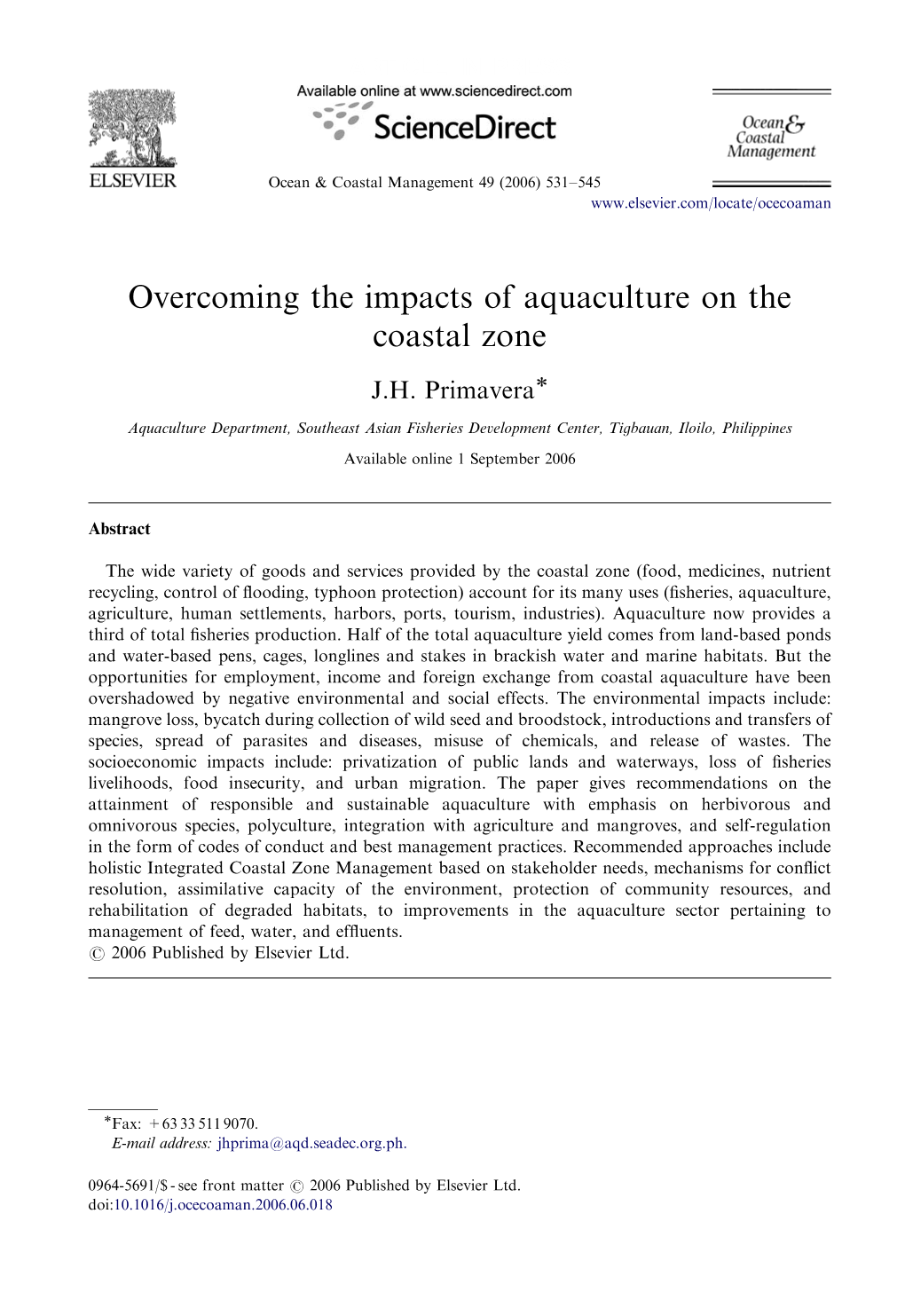 Overcoming the Impacts of Aquaculture on the Coastal Zone