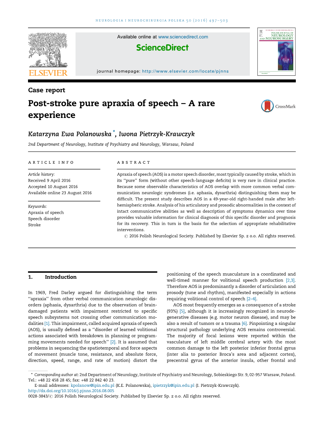 Post-Stroke Pure Apraxia of Speech – a Rare
