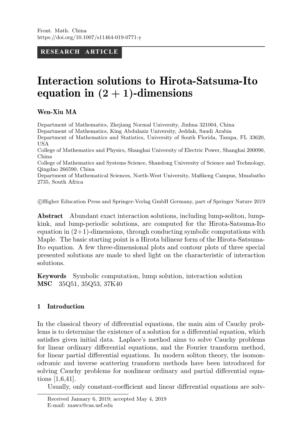 Interaction Solutions to Hirota-Satsuma-Ito Equation in (2 + 1)-Dimensions