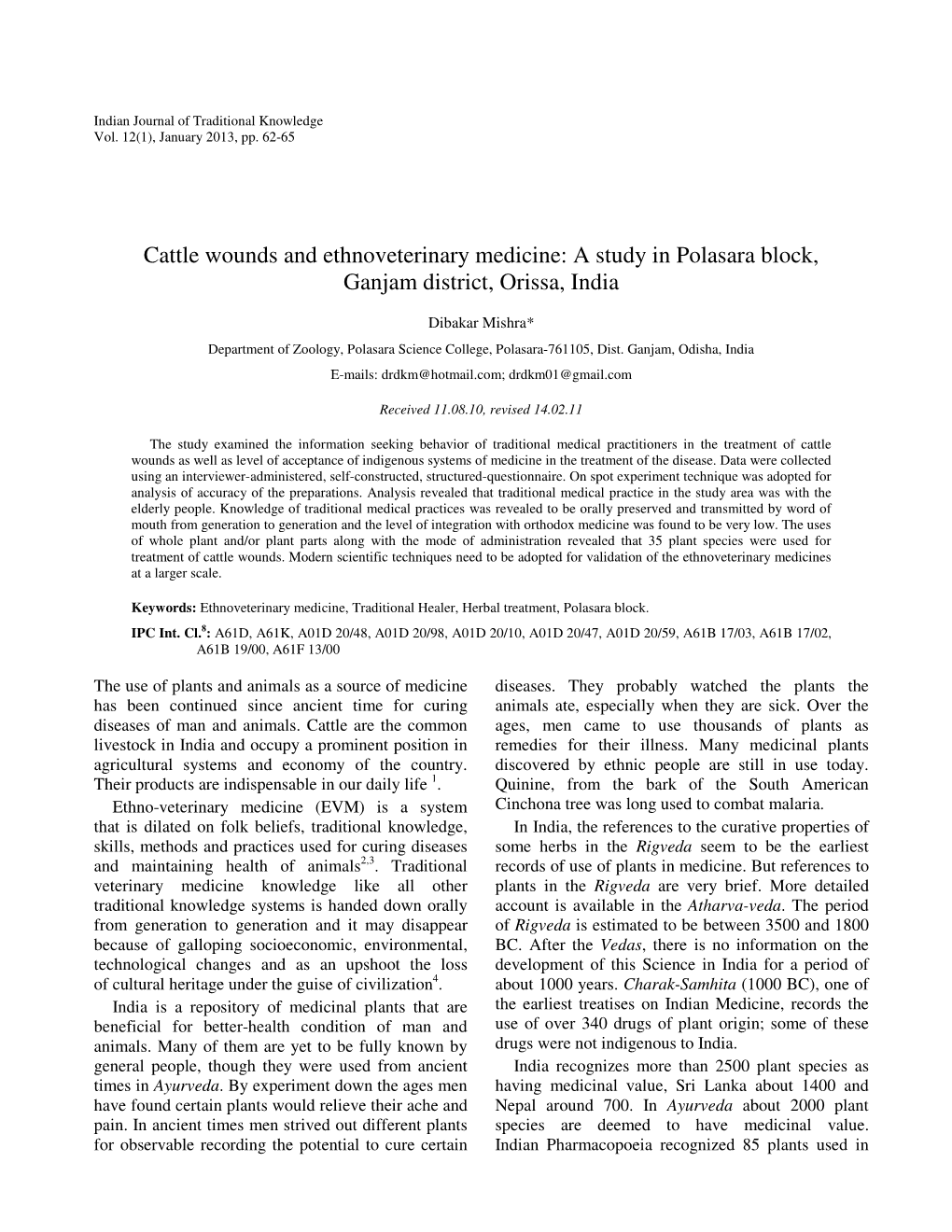 Cattle Wounds and Ethnoveterinary Medicine: a Study in Polasara Block, Ganjam District, Orissa, India
