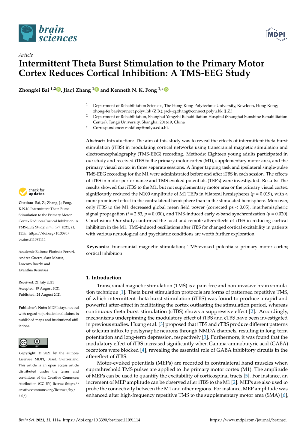 Intermittent Theta Burst Stimulation to the Primary Motor Cortex Reduces Cortical Inhibition: a TMS-EEG Study