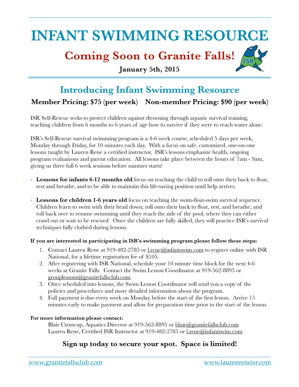 INFANT SWIMMING RESOURCE Coming Soon to Granite Falls! January 5Th, 2015