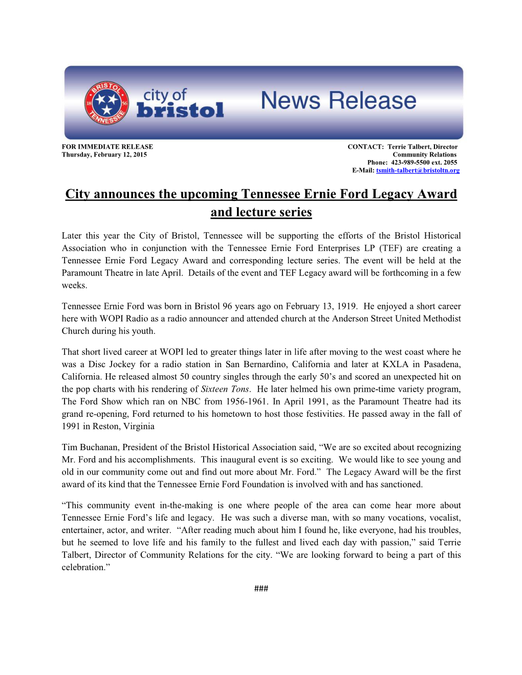 City Announces the Upcoming Tennessee Ernie Ford Legacy Award and Lecture Series