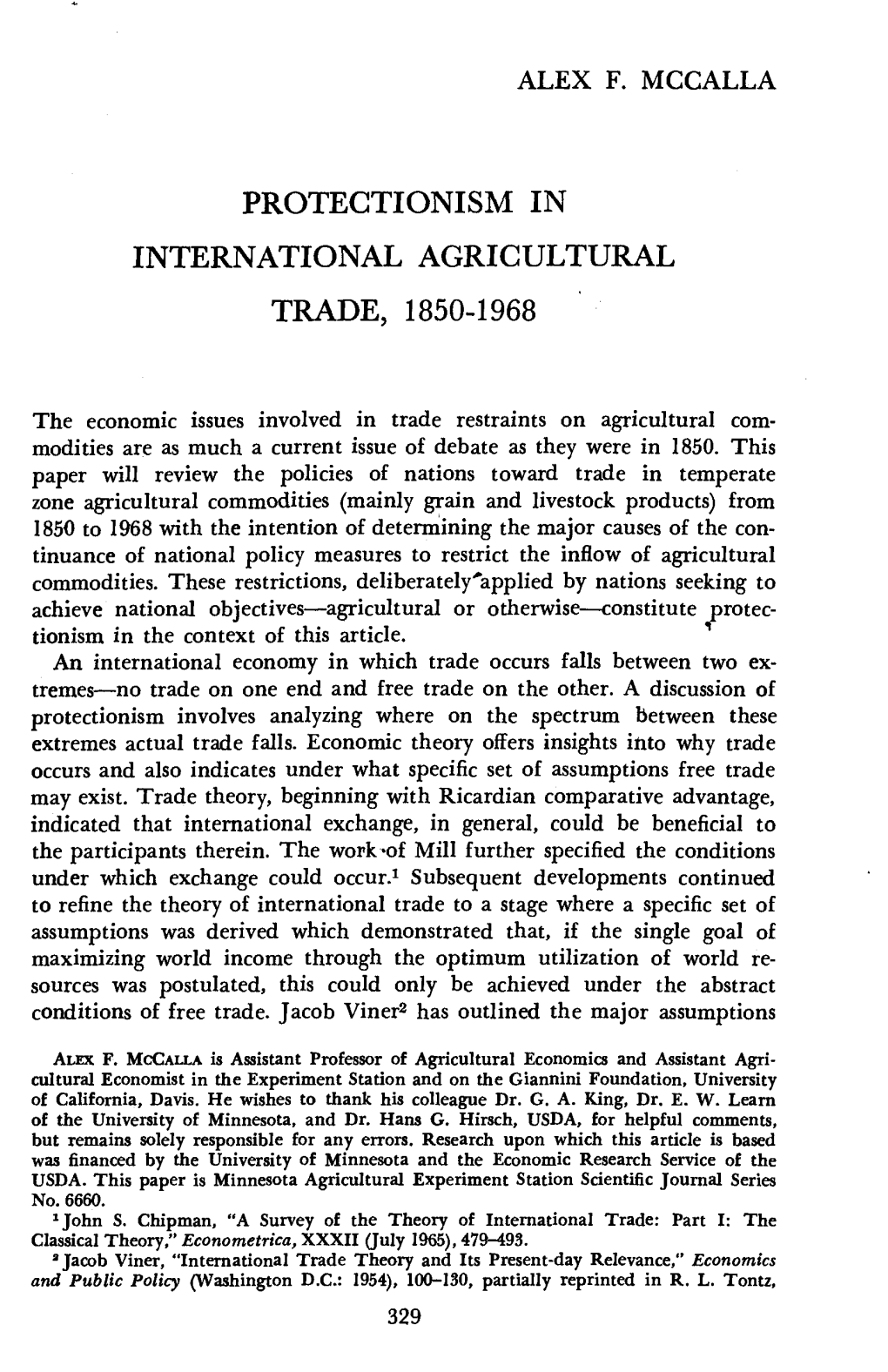 Protectionism in International Agricultural Trade, 1850-1968