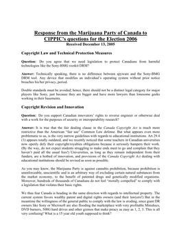 Response from the Marijuana Party of Canada to CIPPIC's Questions for the Election 2006 Received December 13, 2005