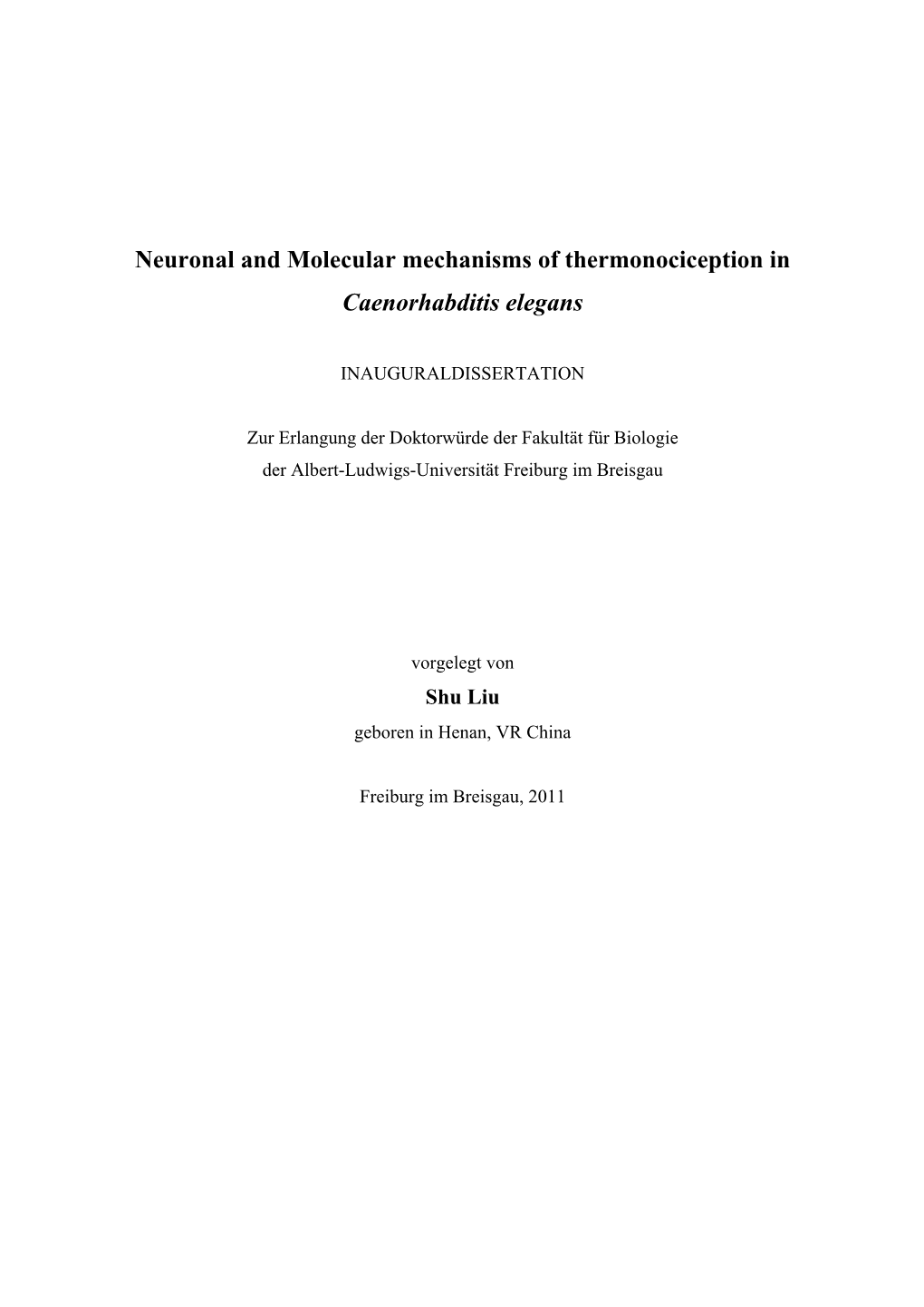 Neuronal and Molecular Mechanisms of Thermonociception in Caenorhabditis Elegans