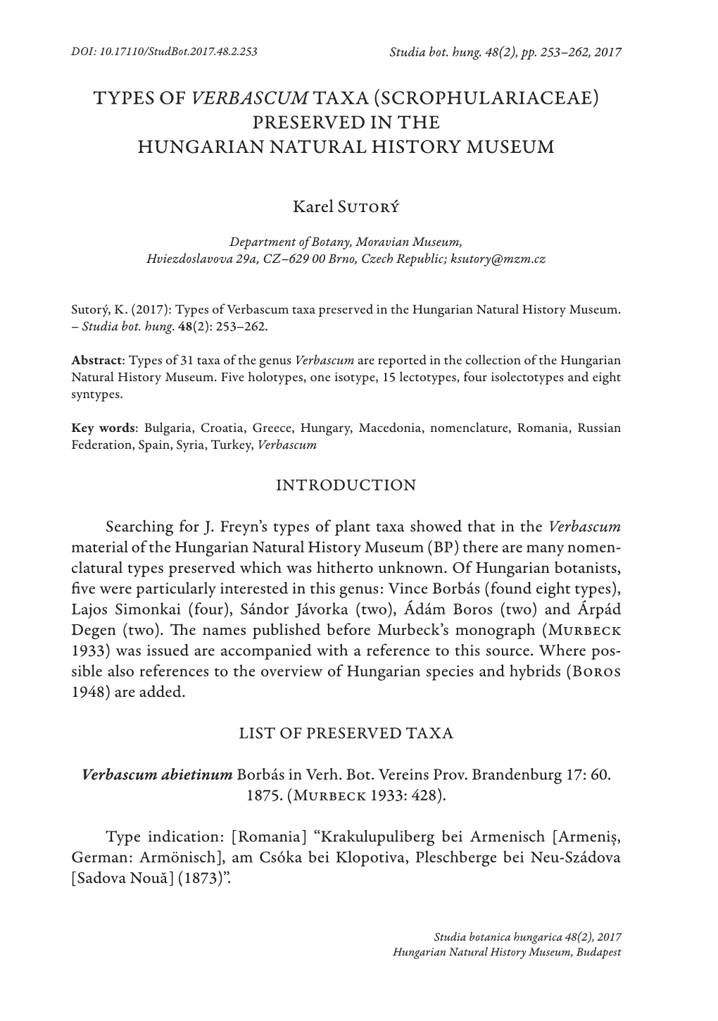 Types of Verbascum Taxa (Scrophulariaceae) Preserved in the Hungarian Natural History Museum