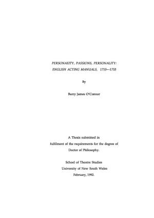 By Barry James 0' Connor a Thesis Submitted in Fulfilment of the Requirements for the Degree of Doctor of Philosophy. School Of