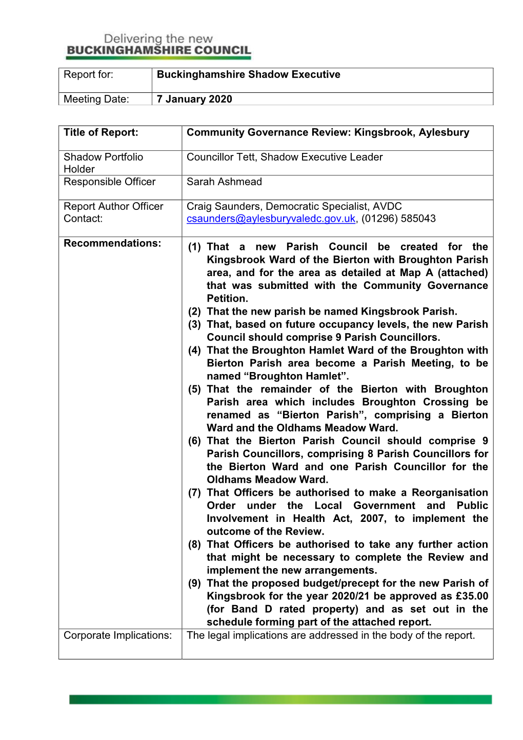 Title of Report: Community Governance Review: Kingsbrook, Aylesbury