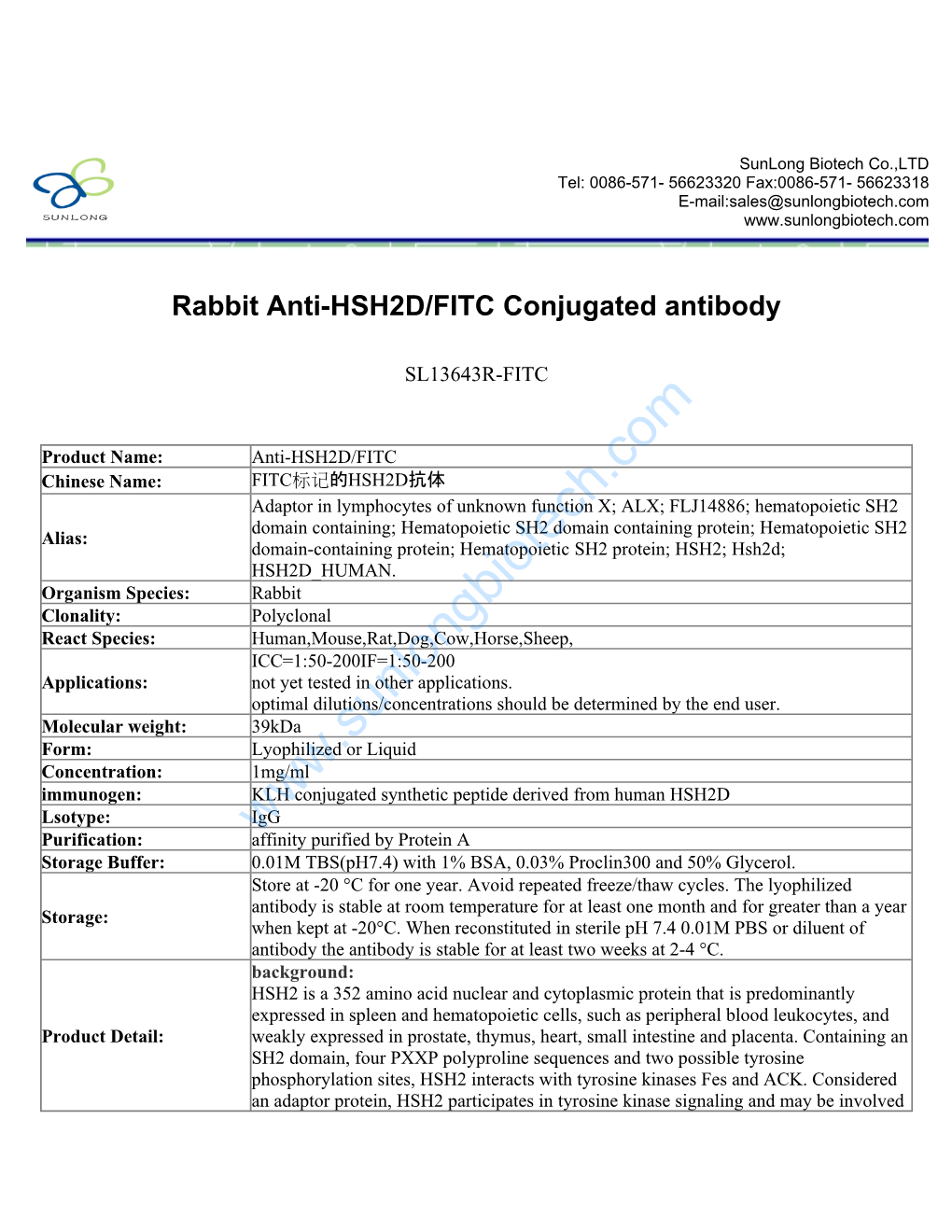 Rabbit Anti-HSH2D/FITC Conjugated Antibody