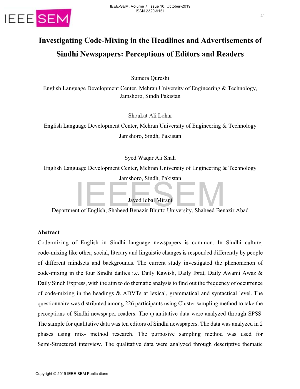 Investigating Code-Mixing in the Headlines and Advertisements of Sindhi Newspapers: Perceptions of Editors and Readers