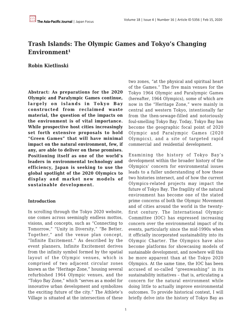 The Olympic Games and Tokyo's Changing