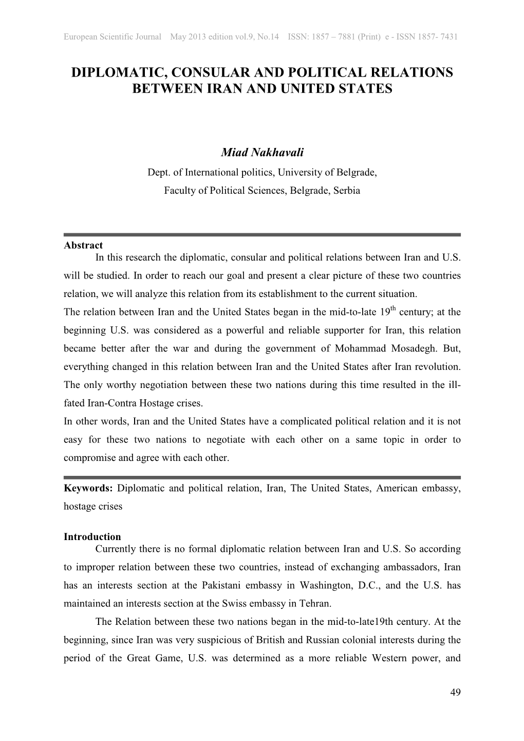 Diplomatic, Consular and Political Relations Between Iran and United States