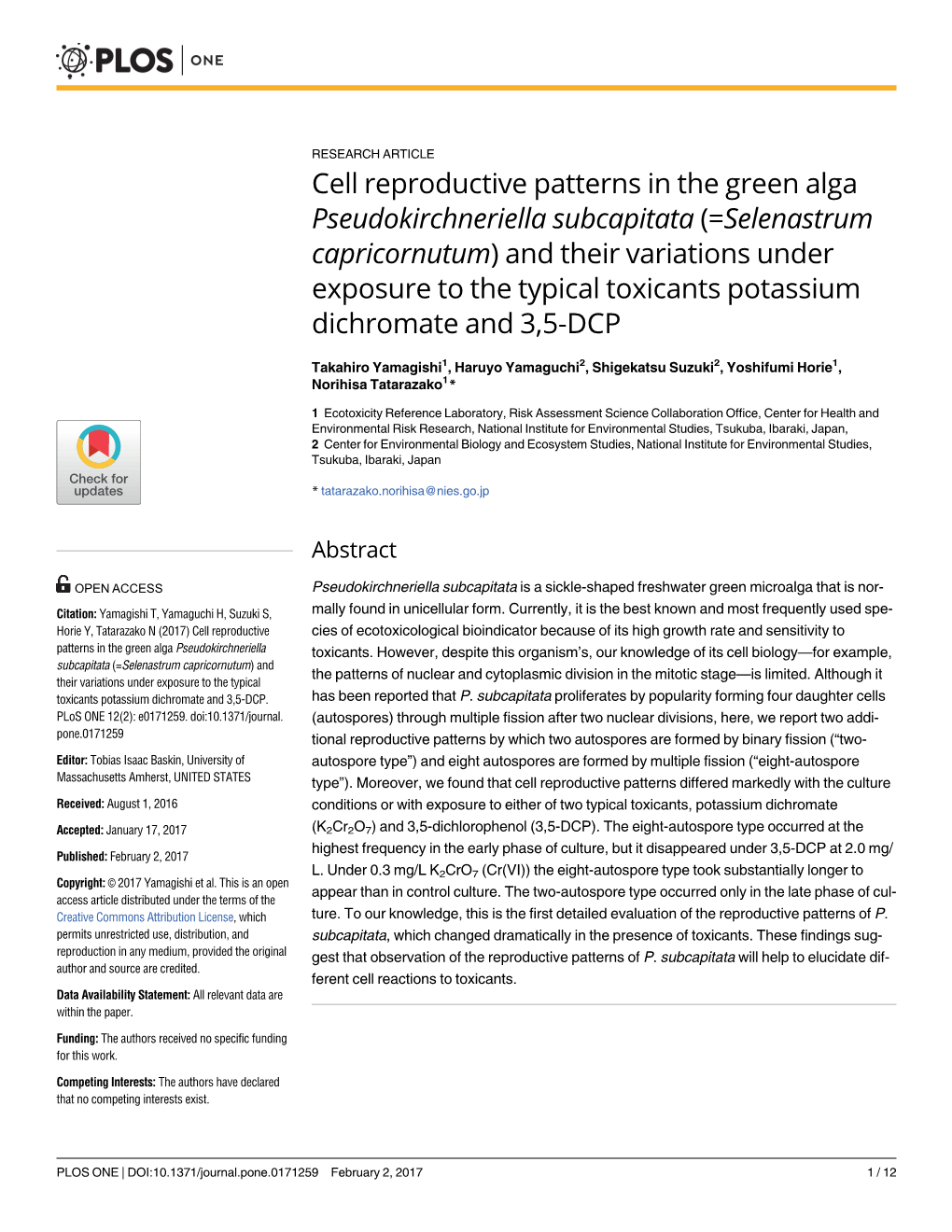 Cell Reproductive Patterns in the Green Alga Pseudokirchneriella Subcapitata