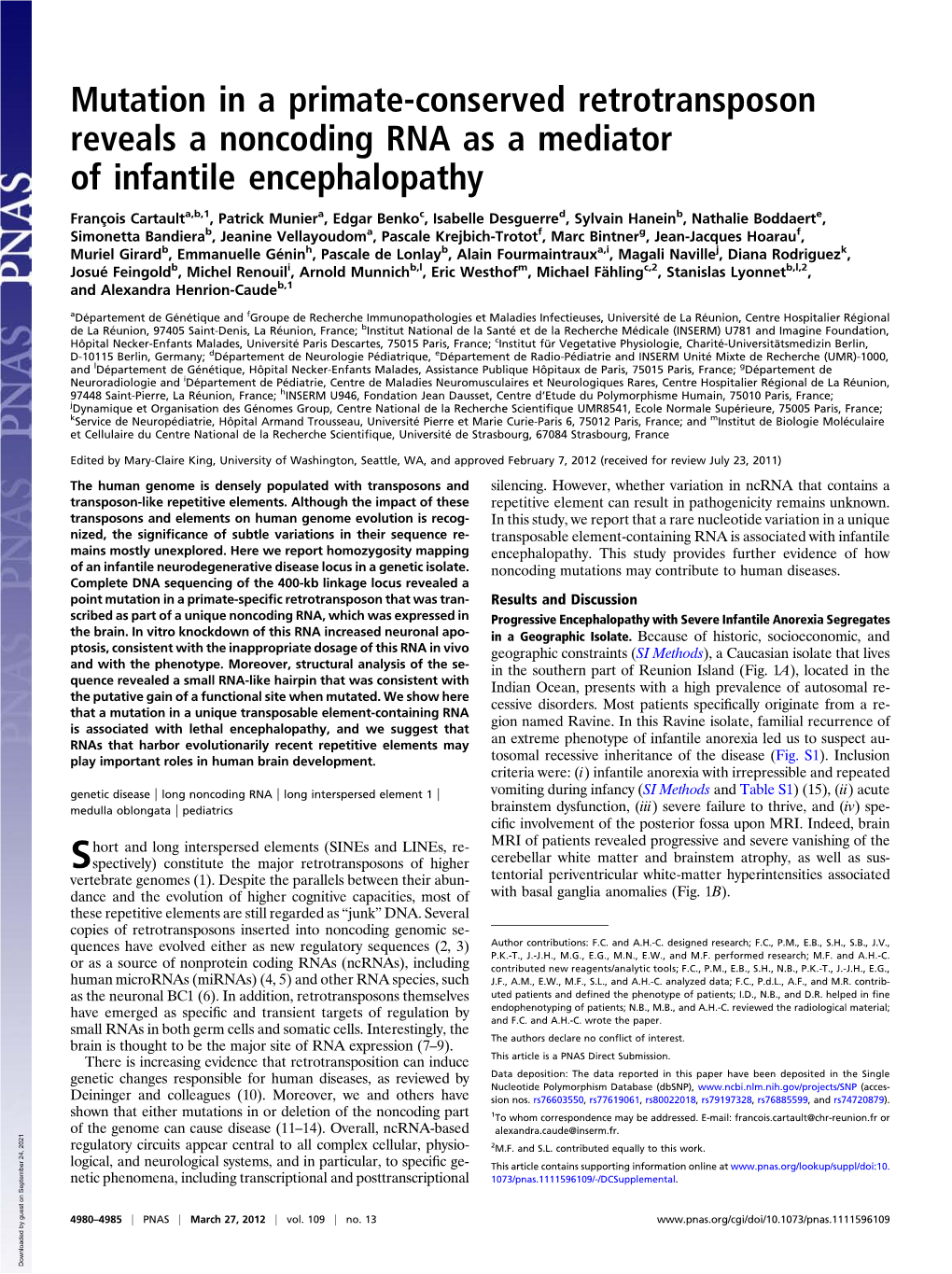 Mutation in a Primate-Conserved Retrotransposon Reveals a Noncoding RNA As a Mediator of Infantile Encephalopathy