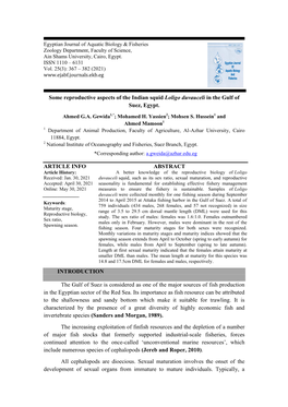 Some Reproductive Aspects of the Indian Squid Loligo Duvauceli in the Gulf of Suez, Egypt