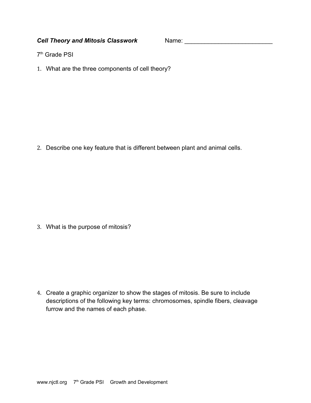 Cell Theory and Mitosis Classwork Name: ______