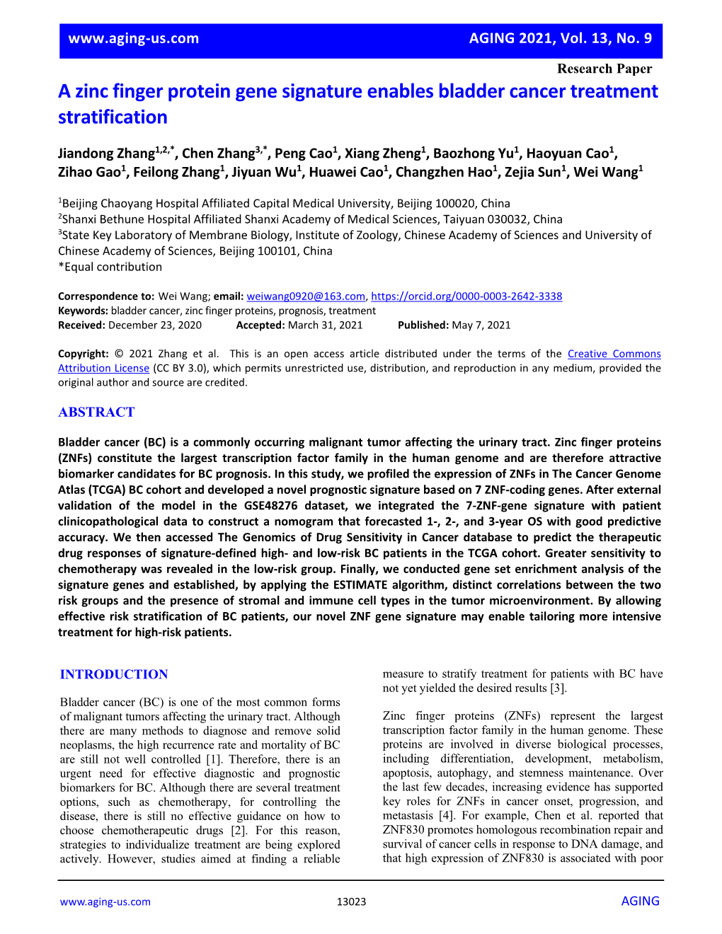 A Zinc Finger Protein Gene Signature Enables Bladder Cancer Treatment Stratification