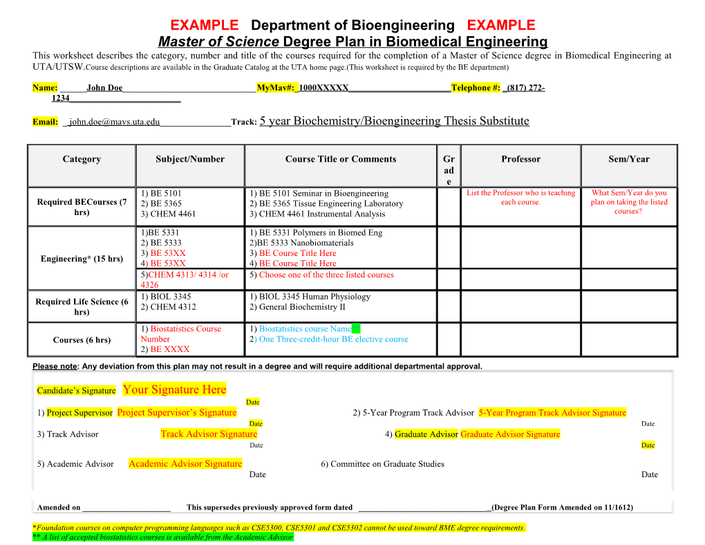 Master Of Science Degree Plan In Biomedical Engineering: