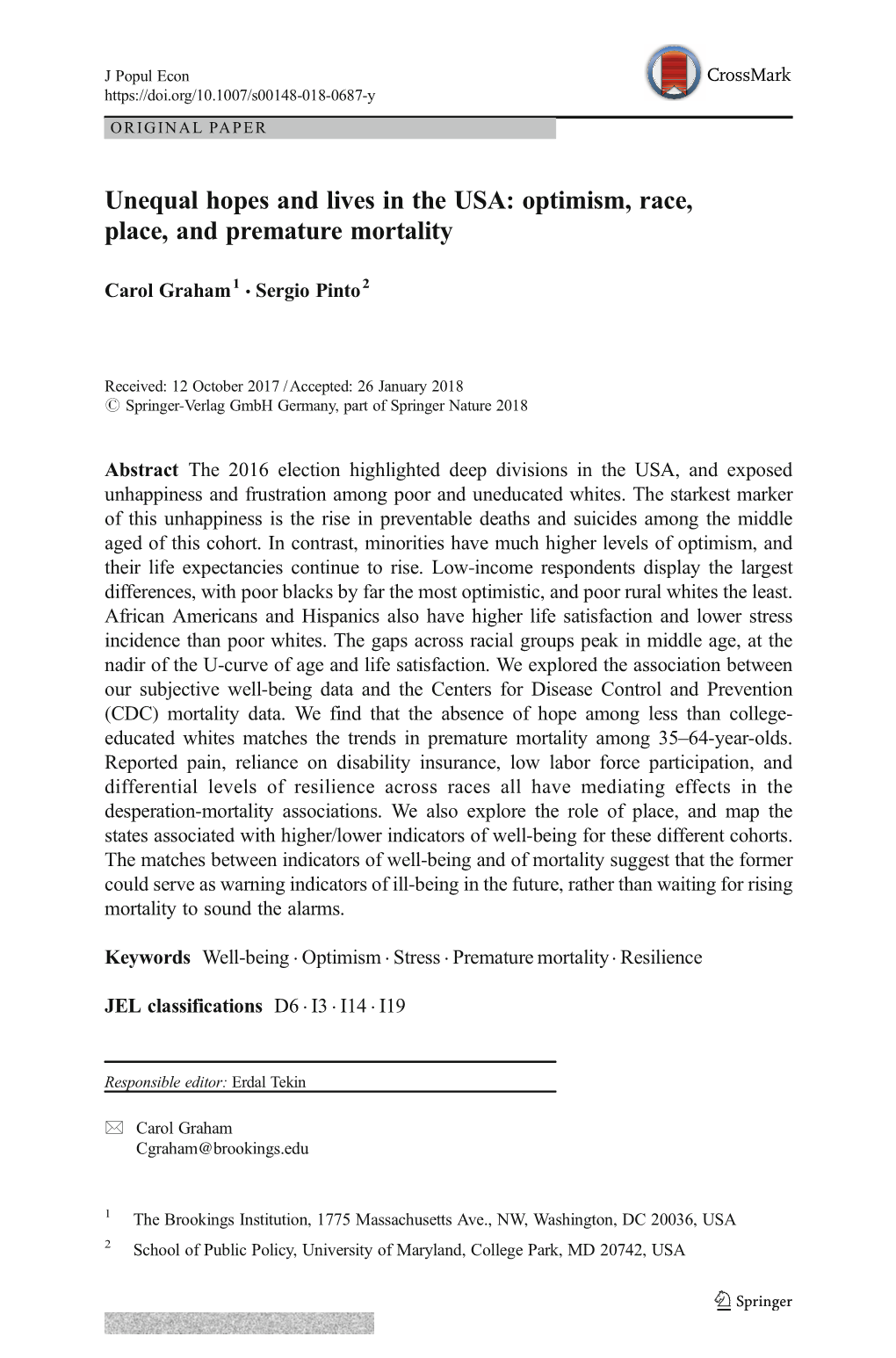 Unequal Hopes and Lives in the USA: Optimism, Race, Place, and Premature Mortality