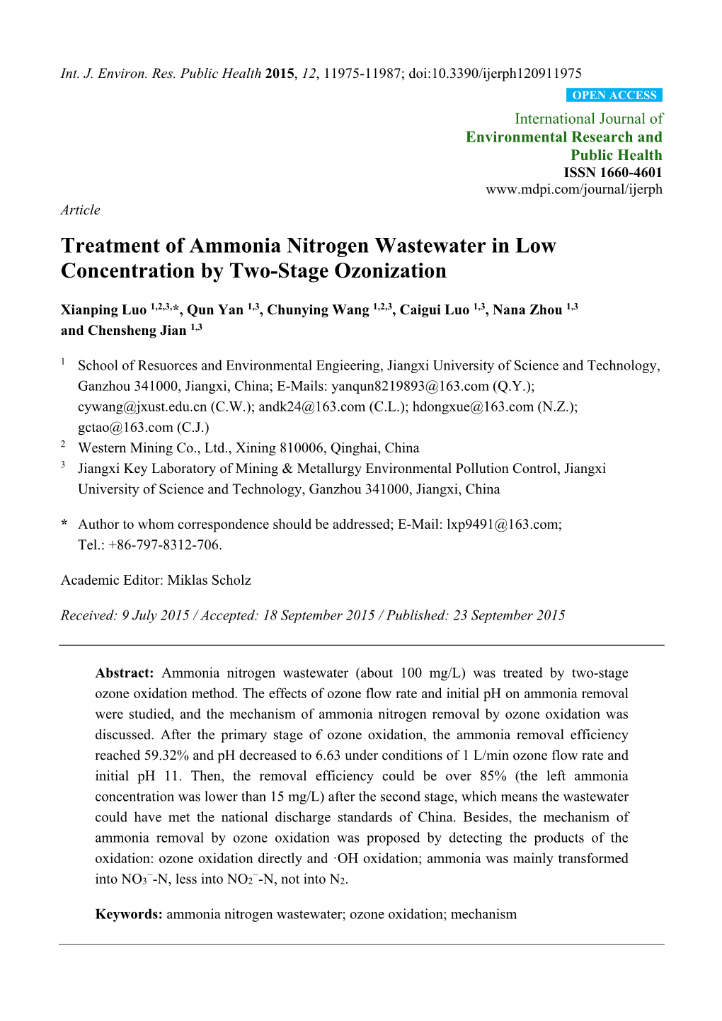 Treatment of Ammonia Nitrogen Wastewater in Low Concentration by Two-Stage Ozonization