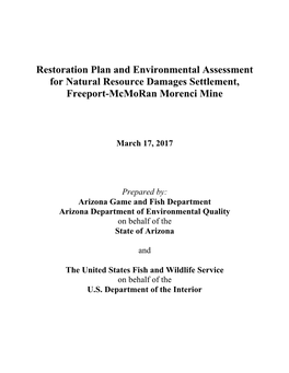 Restoration Plan and Environmental Assessment for Natural Resource Damages Settlement, Freeport-Mcmoran Morenci Mine