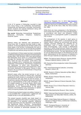 Provisional Distributional Checklist of Hong Kong Sphecidae (Apoidea)