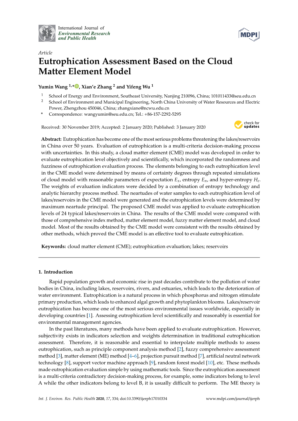 Eutrophication Assessment Based on the Cloud Matter Element Model