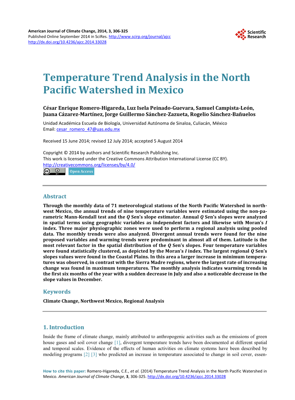 Temperature Trend Analysis in the North Pacific Watershed in Mexico