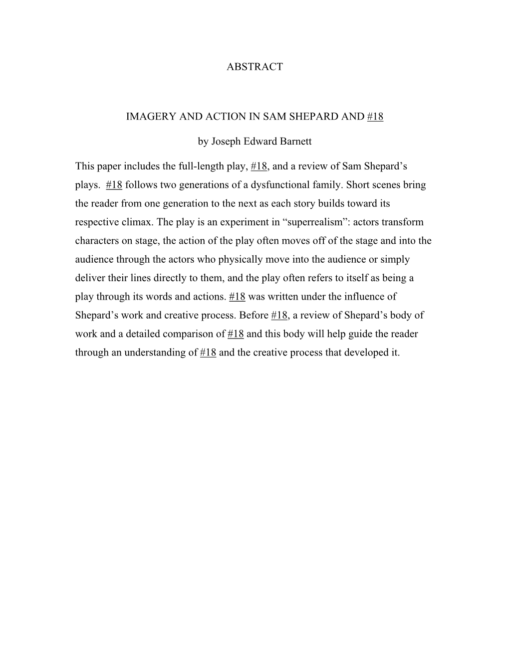 ABSTRACT IMAGERY and ACTION in SAM SHEPARD and #18 By