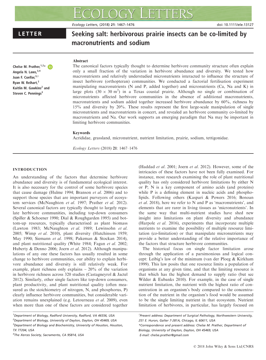 Herbivorous Prairie Insects Can Be Co-Limited by Macronutrients and Sodium