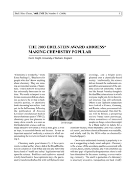 The 2003 Edelstein Award Address* Making Chemistry Popular