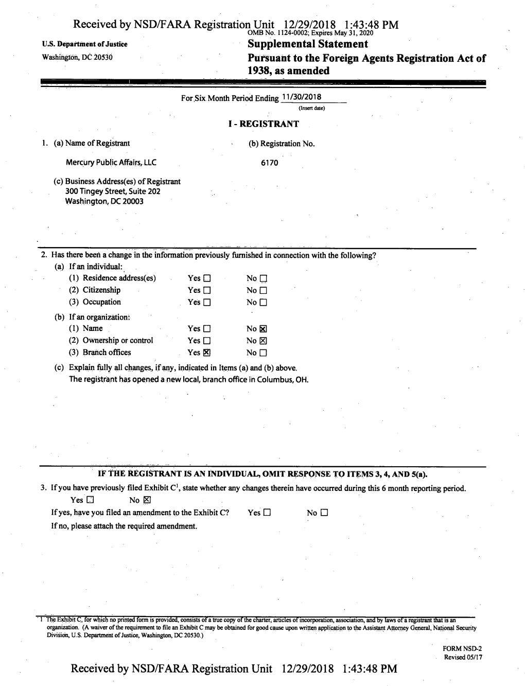 Received by NSD/FARA Registration Unit 12/29/2018 1:43:48 PM OMB No