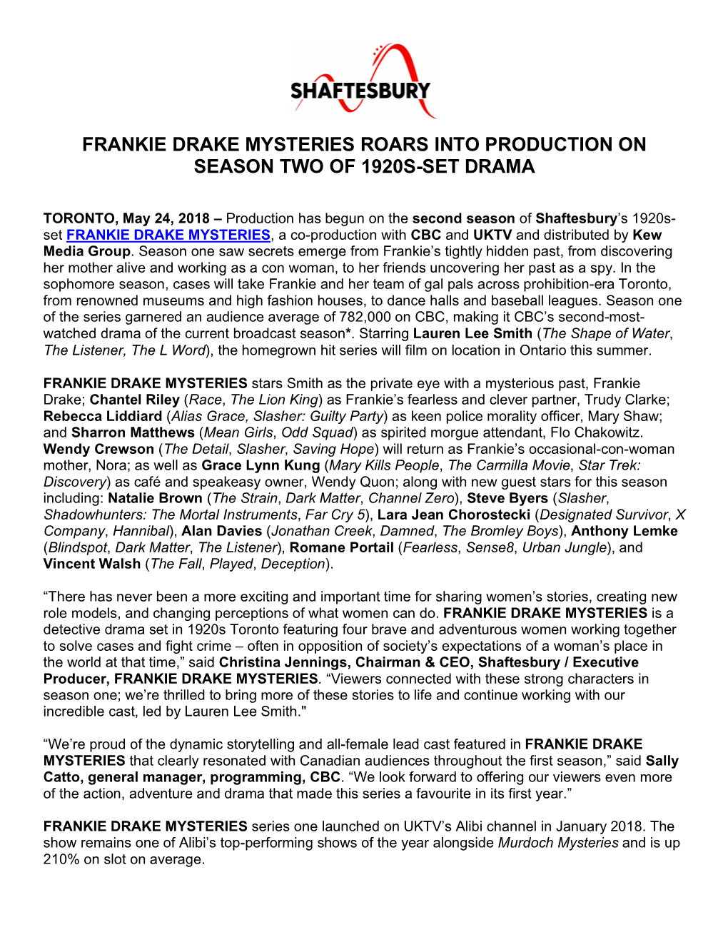 Frankie Drake Mysteries Roars Into Production on Season Two of 1920S-Set Drama