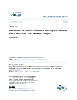 Book Review: Mr. Parnell's Rottweiller: Censorship and the United Ireland Newspaper 1881-1891 (Myles Dungan)