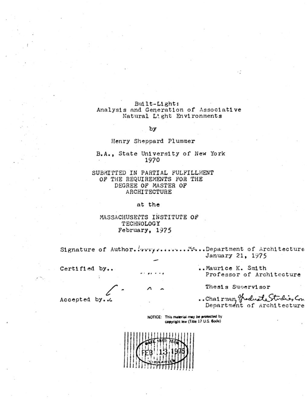 Analysis and Generation of Associative Natural Light Environments by Henry Sheppard Plummer BA, State University