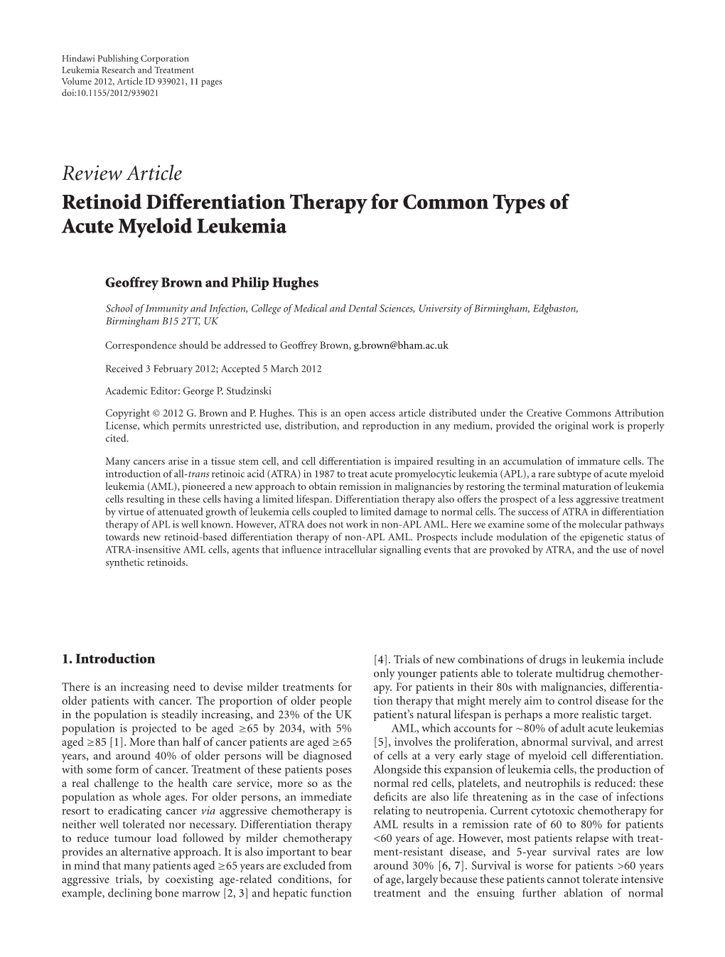 Review Article Retinoid Differentiation Therapy for Common Types of Acute Myeloid Leukemia