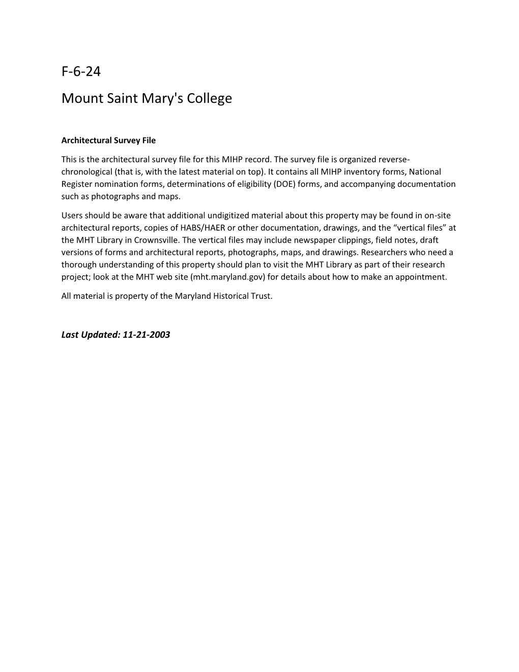 F-6-24 Mount Saint Mary's College