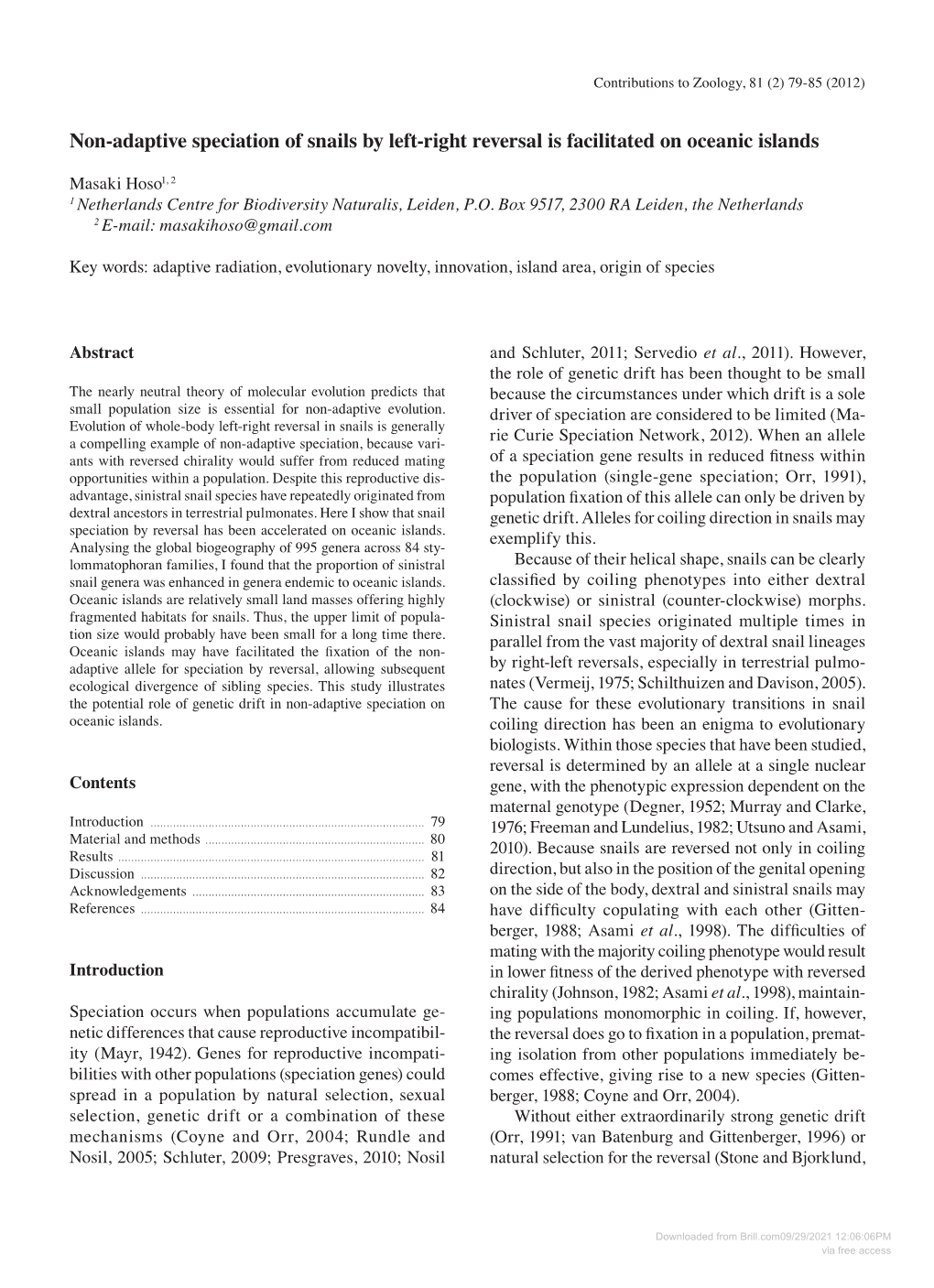 Downloaded from Brill.Com09/29/2021 12:06:06PM Via Free Access 80 Hoso – Snail Speciation by Chiral Reversal