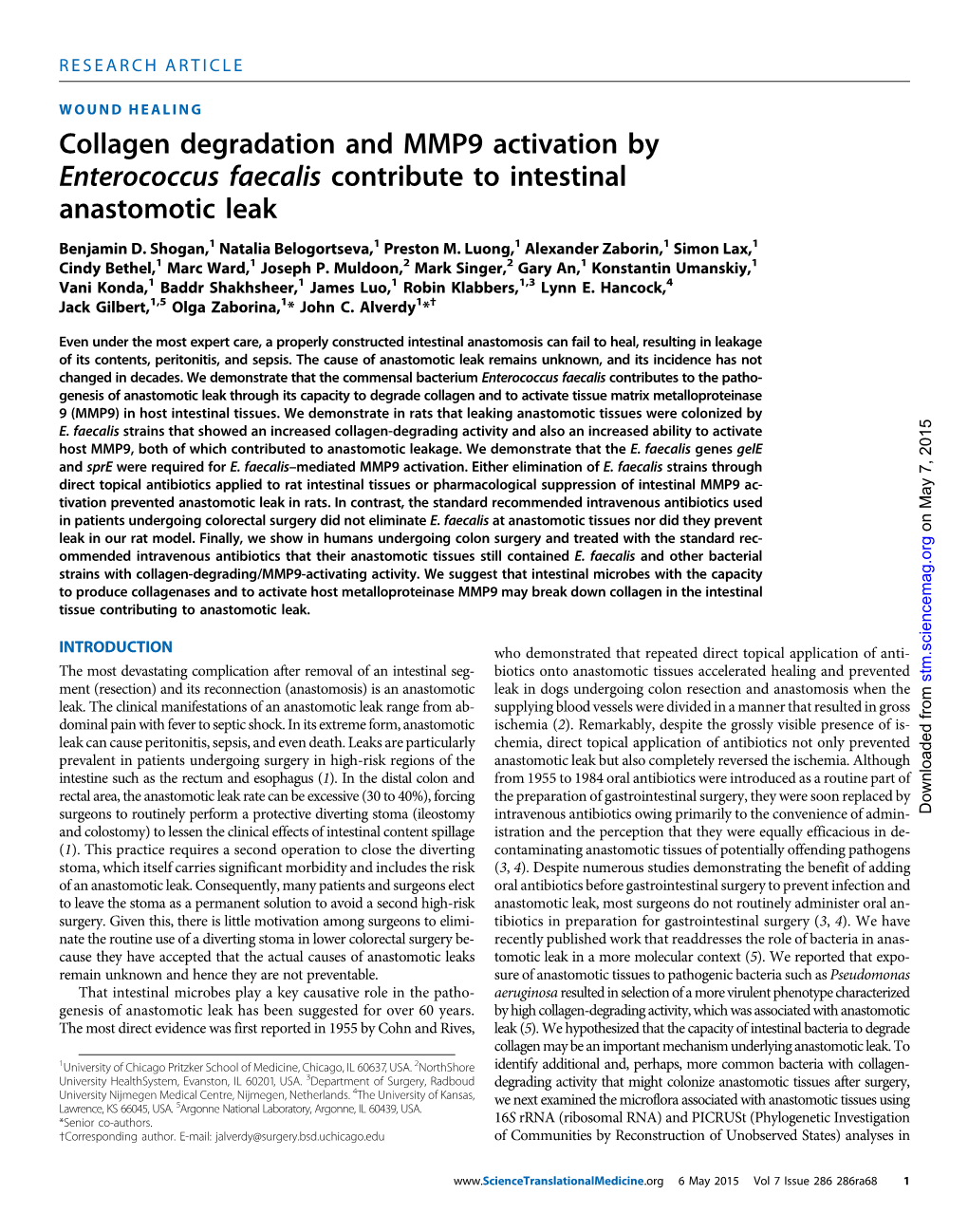 Collagen Degradation and MMP9 Activation by Enterococcus Faecalis Contribute to Intestinal Anastomotic Leak