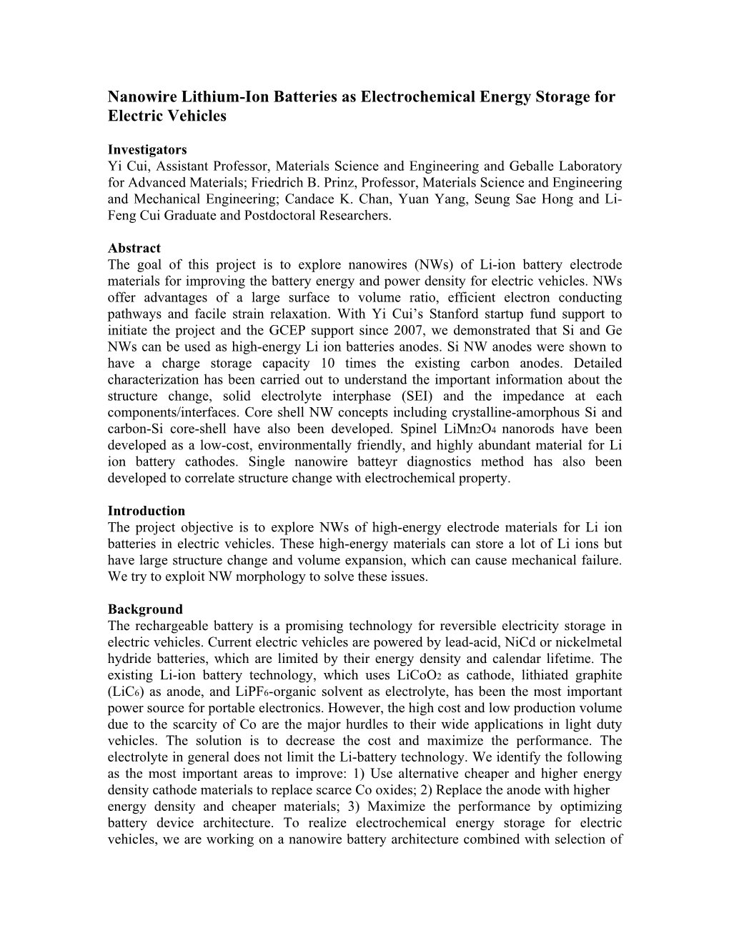 Nanowire Lithium-Ion Batteries As Electrochemical Energy Storage for Electric Vehicles