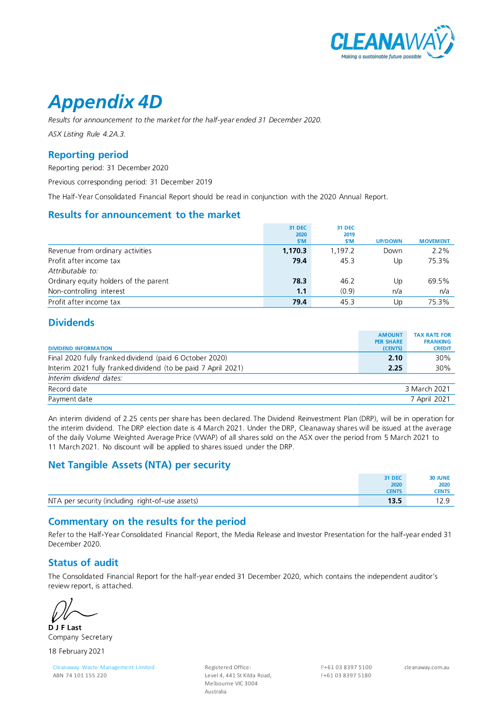 Appendix 4D Results for Announcement to the Market for the Half-Year Ended 31 December 2020