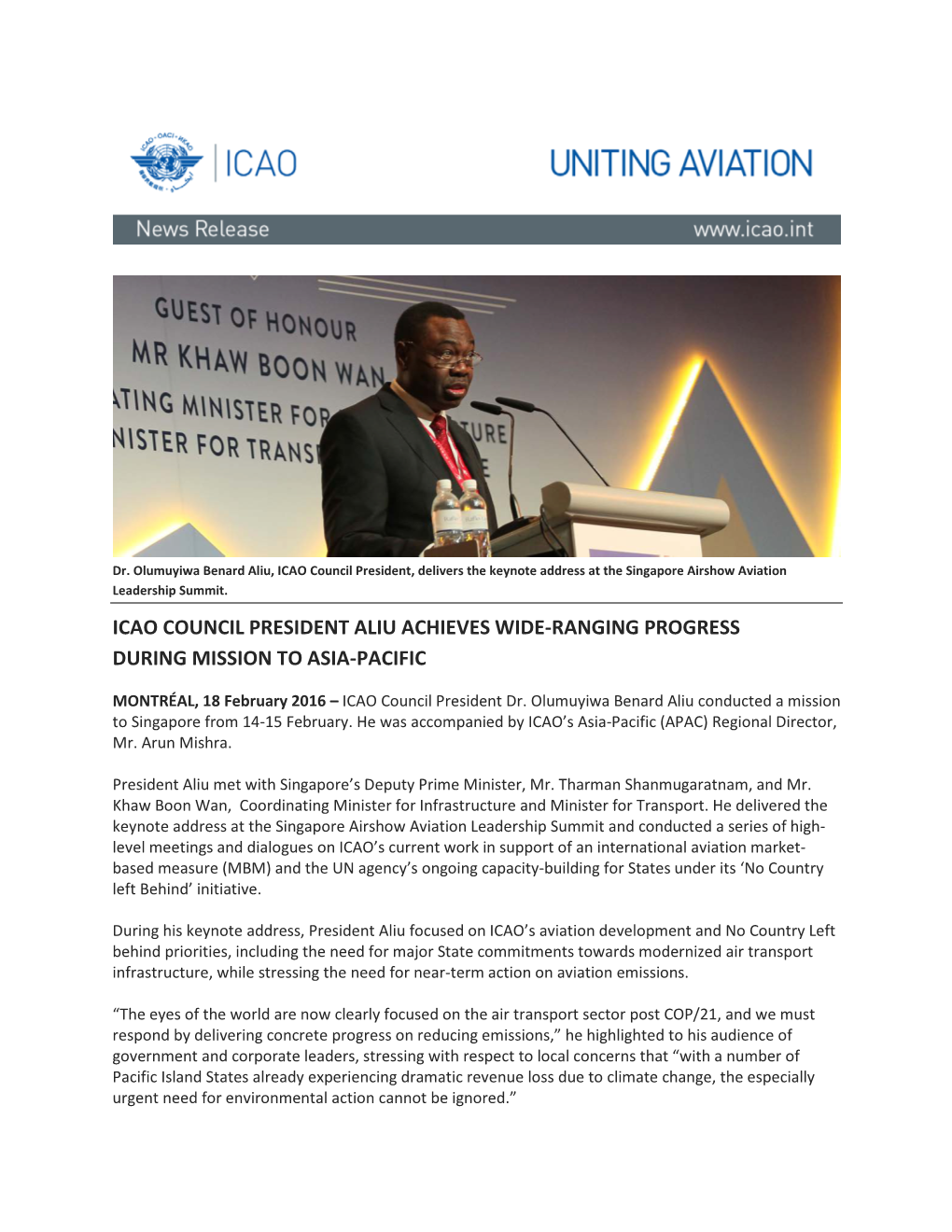 Icao Council President Aliu Achieves Wide-Ranging Progress During Mission to Asia-Pacific