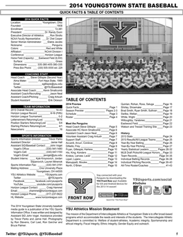 2014 Youngstown State Baseball Quick Facts & Table of Contents