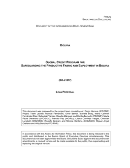 Bolivia Global Credit Program for Safeguarding