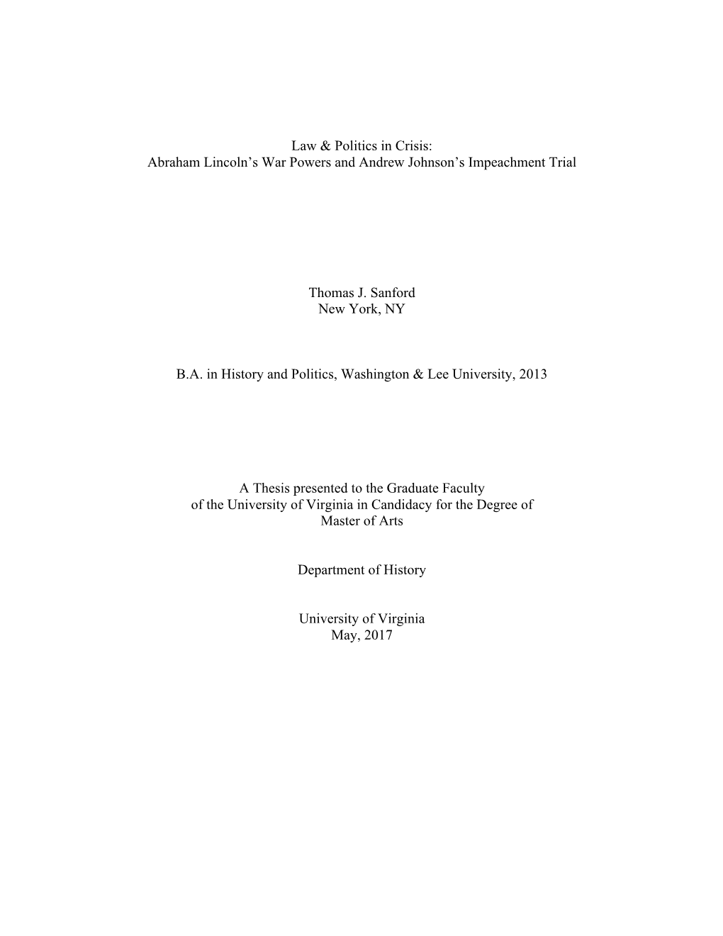 Law & Politics in Crisis: Abraham Lincoln's War Powers and Andrew