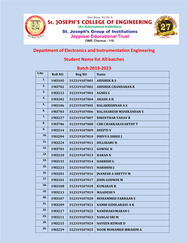 Student Name List All Batches Batch 2019-2023 S.No Roll NO Reg NO Name 1